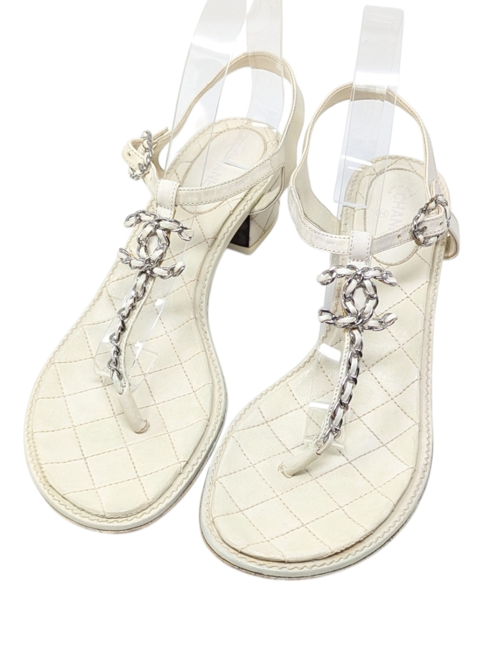 Chanel Cream Quilted Interlocking CC Chain T-Strap Sandal Size EU 41